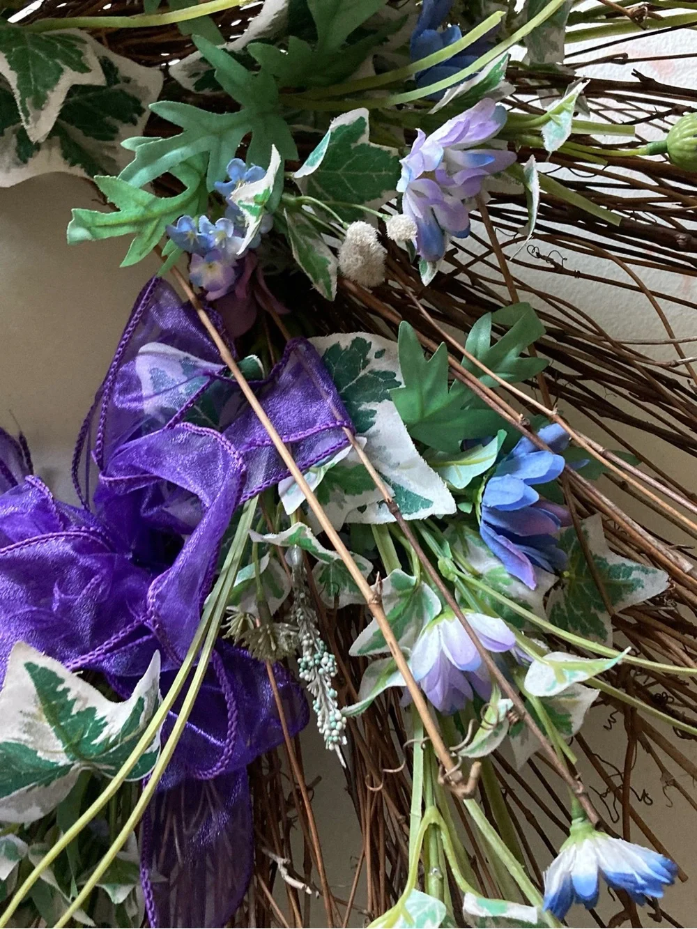 Twig Ivy Wreath Blue Flowers Greenery Purple Bow Floral Door Decor 24” Wide